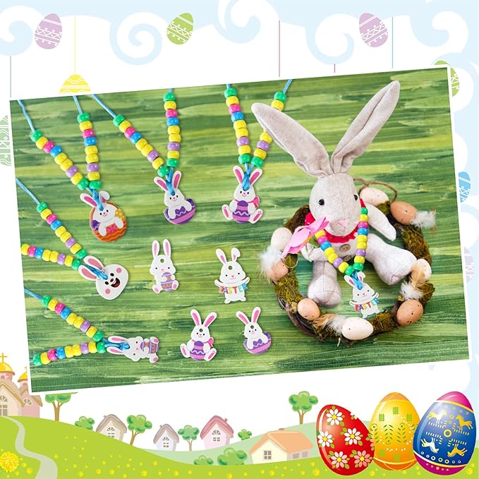 Ecally 24 Sets Easter Crafts Bunny Beaded Necklaces Crafts Kit DIY Make Your Own Rabbit Necklaces for Easter Art Activity Project Party Favors Supplies Spring Decoration