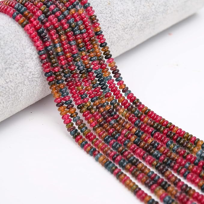2 Strands (300PCs) Colorful Tourmaline Rondelle Beads, 2 * 4mm Gemstone Loose Spacer Abacus Disk Beads for DIY Bracelet Necklace Earrings Jewelry Making, Craft Supplies Beading Kit