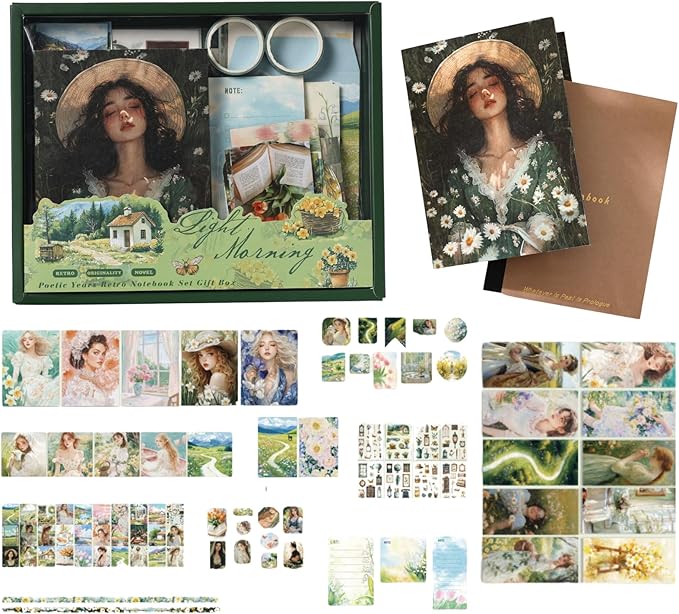 Cullevo Vintage Scrapbooking Kit – Dreamy Dawn Edition, 124 PCS Scrapbook Supplies with Washi Tape, Stickers, A6 Grid Notebook for DIY Bullet Journaling & Planner Crafts Gift for Girls Women