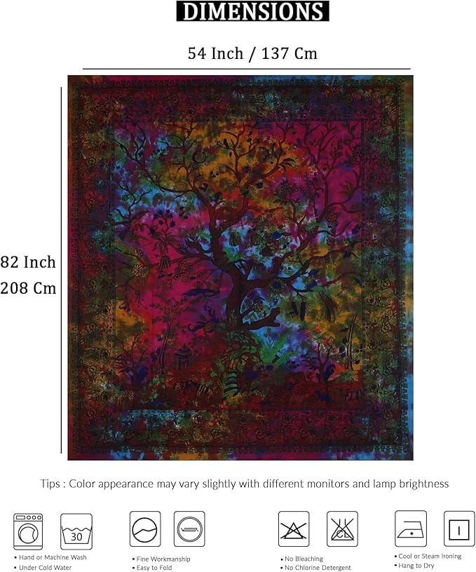 the art box tapestry rainbow tree of life wall hanging – indian cotton twin bedspread, picnic sheet, wall decor, blanket, wall art for bedroom (twin, 82x54 inch)
