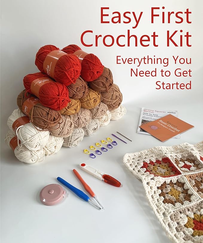 Kitcroet Crochet Kit, Complete Starter Kit for Beginners, Large Granny Squares Blanket with Video & Writtern Instructions, Easy to Learn Crochet Kit