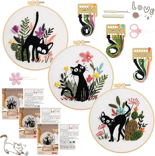 RIHYTFU 3 Pack Cat Embroidery Kits for Beginners, Adults Starter Cross Stitch Kit, Black Cat Flower Plants Patterns Hand Stamped Embroidery Kits, DIY Sewing Needlepoint