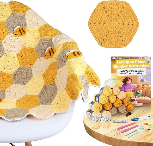 Arborthread Crochet Blanket Kit for Beginners, Honeycomb Beginner Knitting Kit w/Step-by-Step Video & Instructions for Adults & Kids