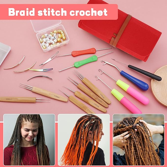 Dreadlock Crochet Hook, 48 Pcs Loc Crochet Needle, 6 Dcrochet Hooks for Hair, Different Size Bent Latch Hook, Crochet Needle for Hair Braiding with Case and Dreadlocks Tool (red)