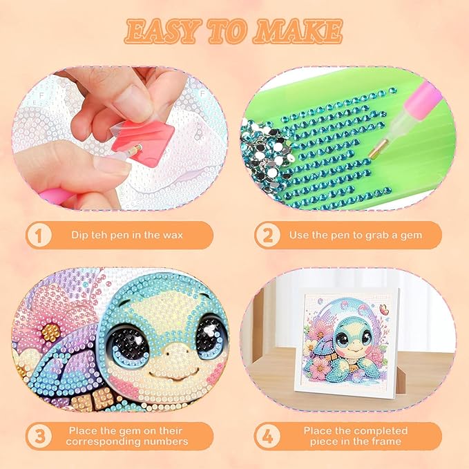 Arttoplus Turtle Diamond Art Kits for Kids 4-6-8-12 with Frame-Turtle Gem Art Kits for Kid,Animal Diamond Painting Kits for Kids with Frame for Gift Home Wall Decoration(7x7inch)