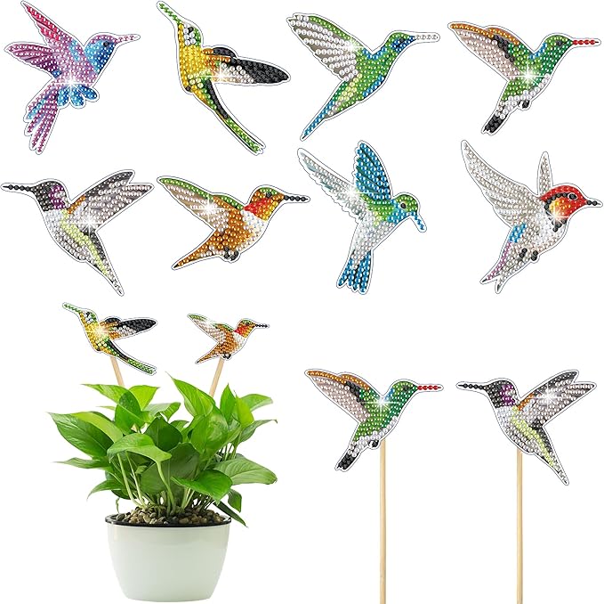 Vcekract 8 Pcs Hummingbird Diamond Painting Kits, Diamond Art Kits for Garden Decor, Garden Stakes Diamond Art Kits for Adults, Diamond Painting Small, Diamond Painting Ornaments for Family Decor
