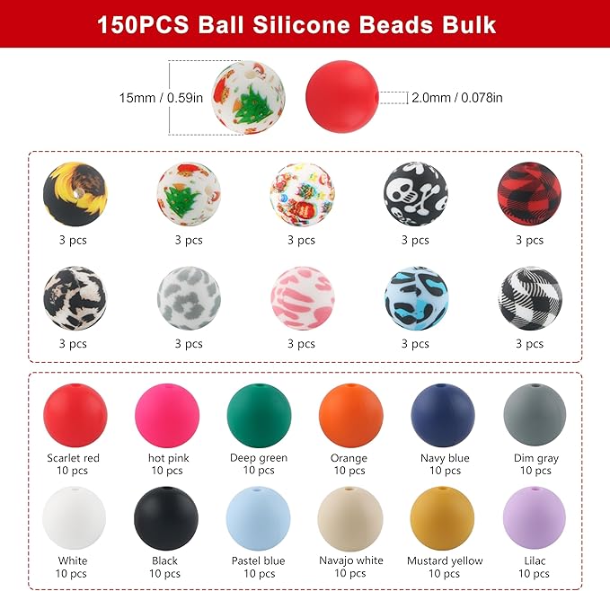 Sunrony 150pcs Silicone Beads for Keychain Making Bracelet Decoration and 15mm Silicone Beads for Pens (Pop Colors)