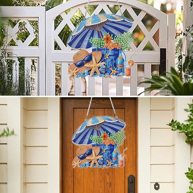 MXJSUA Beach Vacation Diamond Art Hanging Kits for Adults Beginners, DIY Acrylic Special Shaped Crystal Diamond Gem Drills Pendant Art Painting Ornament for Home Wall Decor Gift