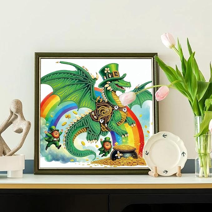 MVVMTOP Diamond Painting Kit St Patrick’s Day Dragon and Rainbow Shamrock Lucky Coins Special Shaped 5D Partial Crystal Diamond Art DIY Wall Decor Gift