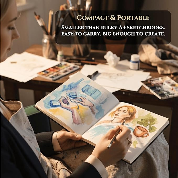 veway compact square sketchbook 7.5” x 7.5”, 200 gsm acid-free mixed media art journal for artists with vegan leather cover, lay-flat binding, 120 pages & gift box