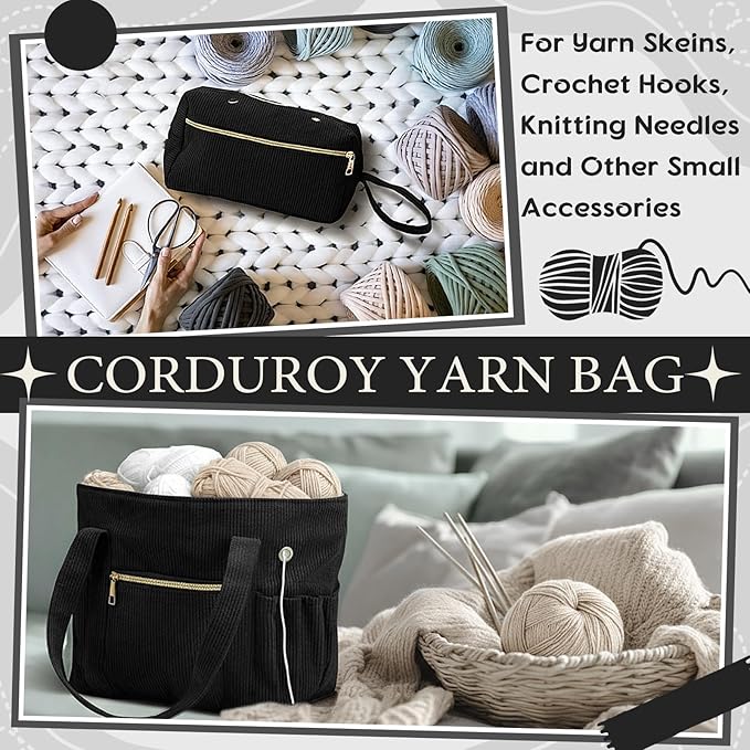 Bulyoou 2 Pcs Crochet Bag and Tote Set Corduroy Yarn Bag for Hooks Organizer Yarn Holder for Crochet Lovers Knitting Accessories (Black)