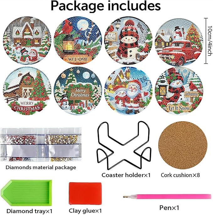 8 PCS Christmas Diamond Art Coasters Winter Diamond Painting Coasters Kits with Holder DIY for Beginners, Adults, Diamonds Art Crafts Supplies