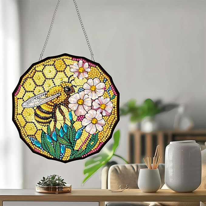 Bimkole Bee Diamond Art Hanging Kit for Adult, DIY 5D Diamond Art Flower Window Pendant, Acrylic Crystal Art Hanging Ornament Home Wall Garden Front Door Sign Outdoor Decor 7.8x7.8 Inch
