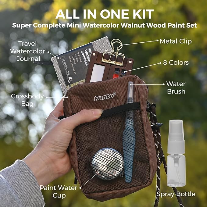 Funto Mini Watercolor Paint Set, All-in-One Walnut Wood 8-Color Premium Pocket Travel Paint Kit, with Crossbody Bag, Watercolor Journal, Metal Clip, Paint Water Cup, Water Brush, Ideal for Art Lovers