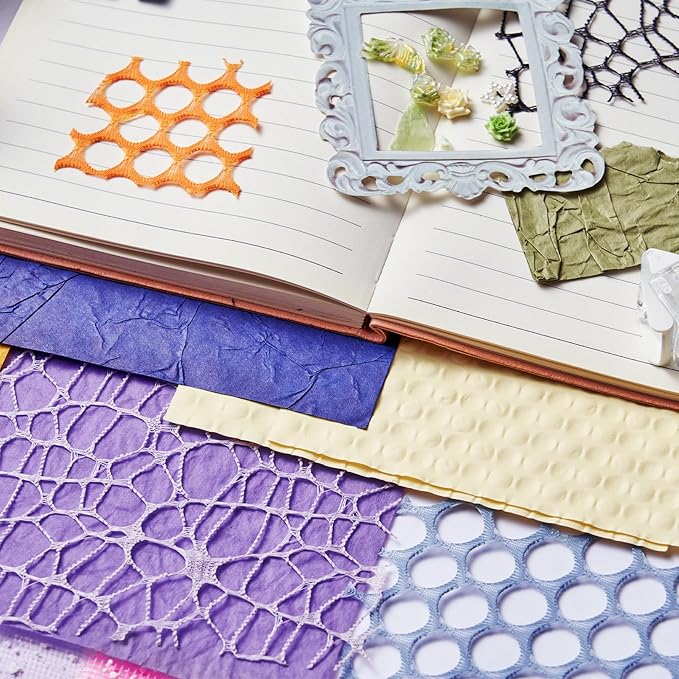 208 Sheets Textured Scrapbook Paper and Mesh Fabric Assorted Set - 8 Color Mixed Special Scrapbooking Papers for Planner Bullet Junk Journaling Supplies Handmade Collage Craft Kit,5.9x4.7 Inch