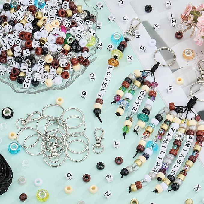 BEEFLYING 750 Pcs DIY Bead Keychain Kit Key Chain Making Crafts Letter Beads Strings Adjustable Alphabet Key Ring Jewelry Backpack Accessories Holiday Party Festival Favor Gift (Earthy Colors)