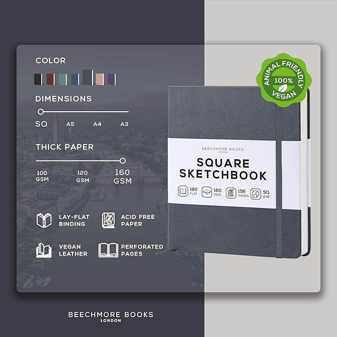 Beechmore Books Square Mixed Media Sketchbook - 8x8 Inch Professional Art Journal, 160 GSM / 98 lb Ivory Paper, Perforated Pages, Vegan Leather Hardcover, Lay-Flat Design for Drawing & Doodling