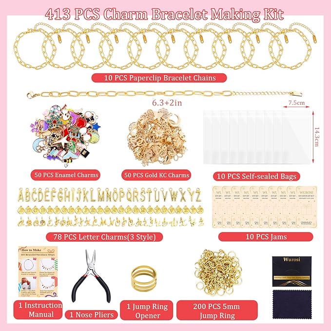 Wurosi 413 Pieces Gold Paperclip Charm Bracelet Making Kit, Including Paperclip Chain Bracelets, Charms, Jump Rings, Gift Bags, Pliers for Crafts Beginner Supplies Gift