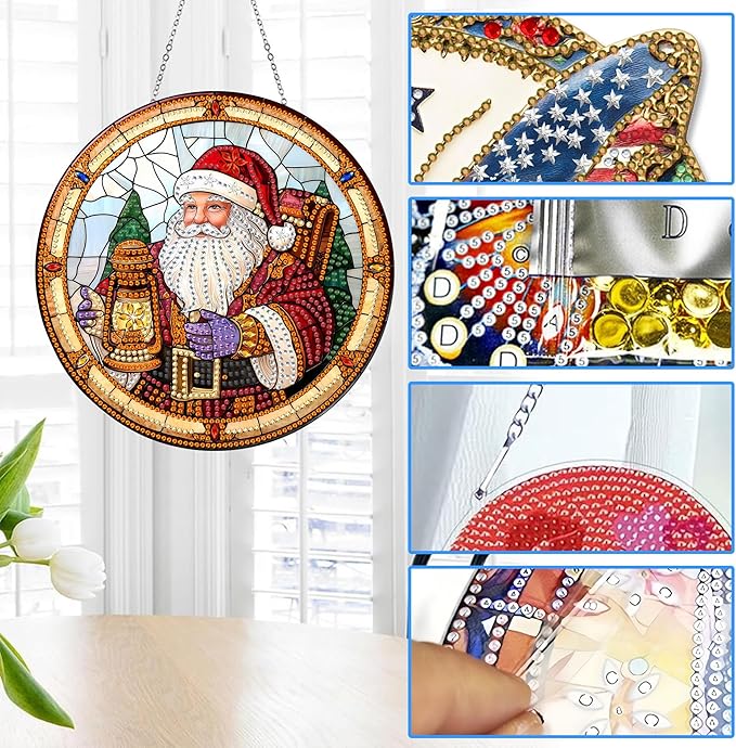 Reofrey Hanging Diamond Art Kits for Adults - 8x8 Inch Christmas Santa Claus Acrylic Board Double Sided Pattern Diamond Art Suncatcher Pendant, DIY Crystal Art for Home Wall or Window Decoration Gift