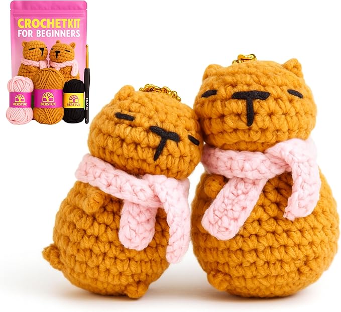 Berstuk Peachy & Plum – Snuggly Capybara Crochet Kit for Beginners – Easy Amigurumi Animal Kit with Yarn, Hook, Keychains & Step-by-Step Tutorials – Adorable DIY Gift for Teens & Adults