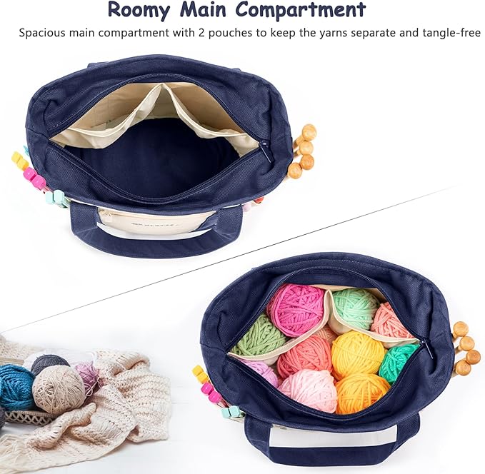 Canvas Yarn Storage Organizer Bag Washable Crochet Bag with Pockets for Yarn, Hooks, Needles – Travel Knitting Tote for Crafters – Gift for Crocheters & Knitters (Medium/Large)