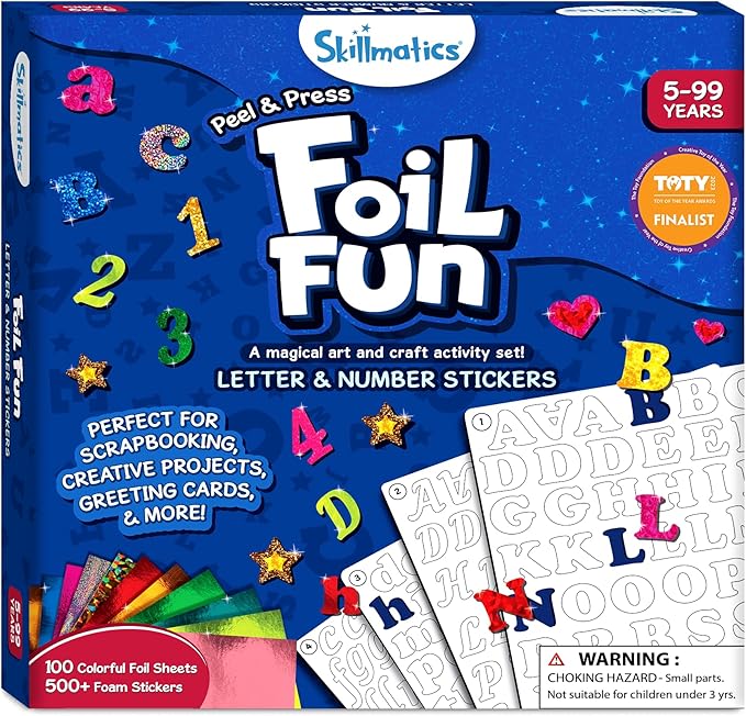 skillmatics foil fun - letter & number stickers, mess-free art, project kits, diy colorful creative activity, gifts for ages 5, 6, 7, 8, 9, and up