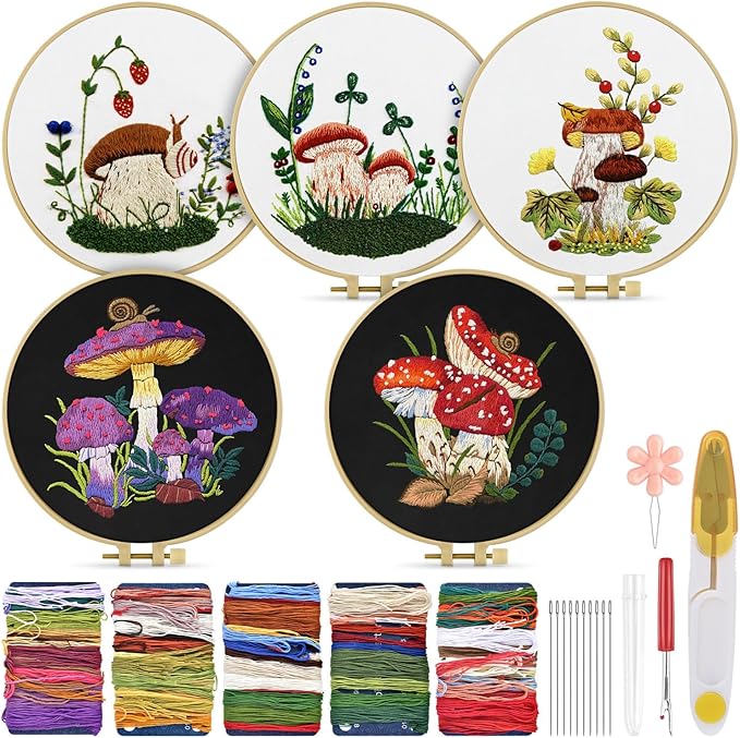 TINDTOP Embroidery Kit for Adult for Beginners, 5 Sets Mushroom Embroidery Kit for Beginners Include Embroidery Cloth Hoops Threads for Craft Lover Hand Stitch with Embroidery Skill Techniques