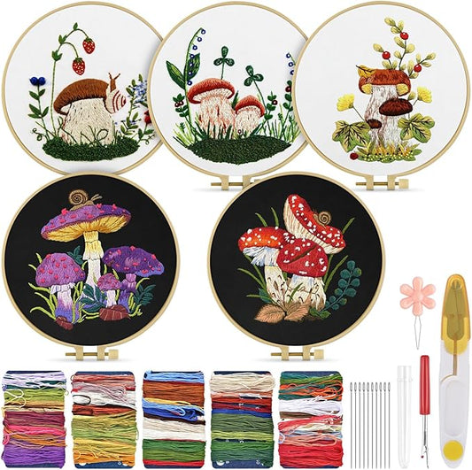 TINDTOP Embroidery Kit for Adult for Beginners, 5 Sets Mushroom Embroidery Kit for Beginners Include Embroidery Cloth Hoops Threads for Craft Lover Hand Stitch with Embroidery Skill Techniques
