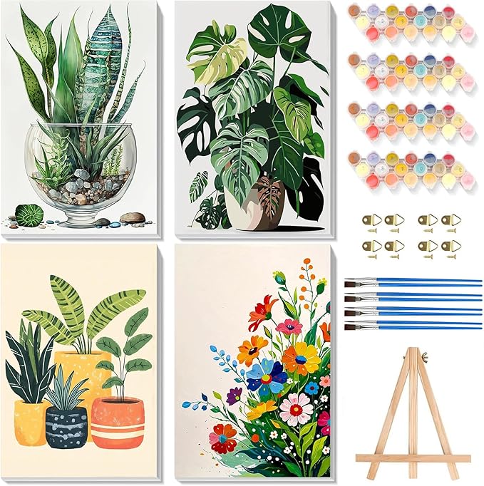 4 Pack Paint by Numbers for Adults with Framed Canvas - with Wooden Easel, Plant Paint by Number for Beginners, Easy Flowers Acrylic Oil Painting on Canvas with Brushes for Home Wall Decor (8x12 inch)