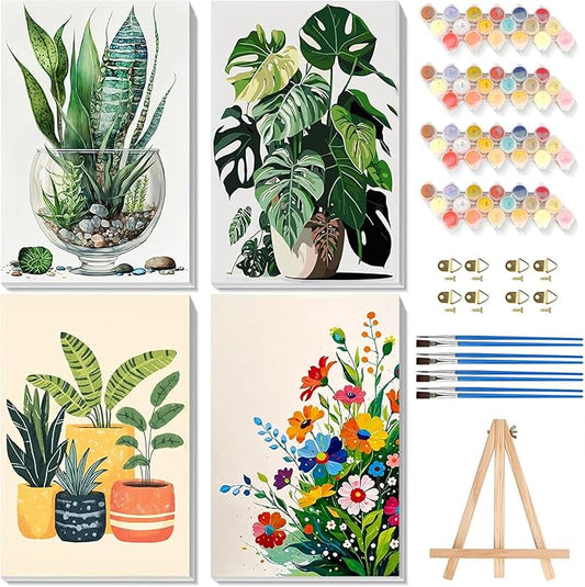 4 Pack Paint by Numbers for Adults with Framed Canvas - with Wooden Easel, Plant Paint by Number for Beginners, Easy Flowers Acrylic Oil Painting on Canvas with Brushes for Home Wall Decor (8x12 inch)