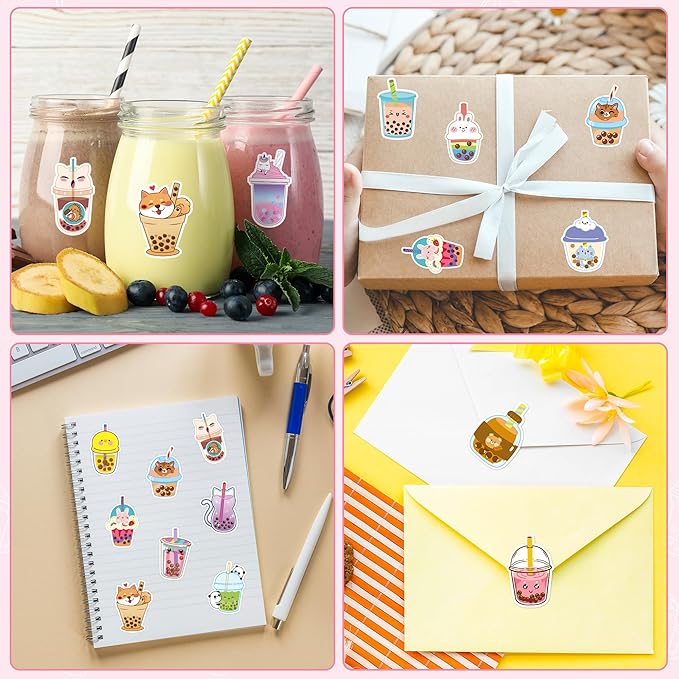 beyumi bubble tea sticker roll - 1000pcs boba stickers in 2 rolls waterproof vinyl drinks theme cute kawaii bubble tea decals gift laptop bottle scrapbooking luggage computer envelope decor for kids