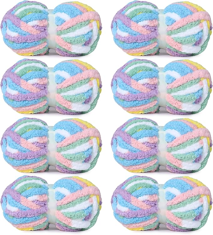 HOMBYS Chunky Tie Dye Mix Chenille Yarn for Hand Knitting, Super Bulky Jumbo Yarn for Crocheting, 3/4" Thick Soft Plush Yarn for Blankets, 8 Skein Pack (26 yds / 7.5 oz Each) Rainbow