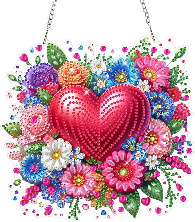 Valentine's Day Diamond Art Hanging Ornaments Kits for Adults, Heart Flower Diamond Painting Pendant Kits, DIY Acrylic 5D Special Shaped Crystal Gem Art Painting Ornament for Home Wall Decor Gift