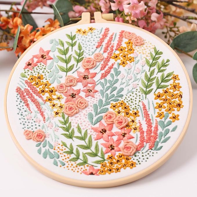reewisly 3 pcs embroidery starter kit with patterns and instructions, diy adult cross stitch kits beginner, including 3 plastic embroidery rings, 1 scissors, colored threads and needles