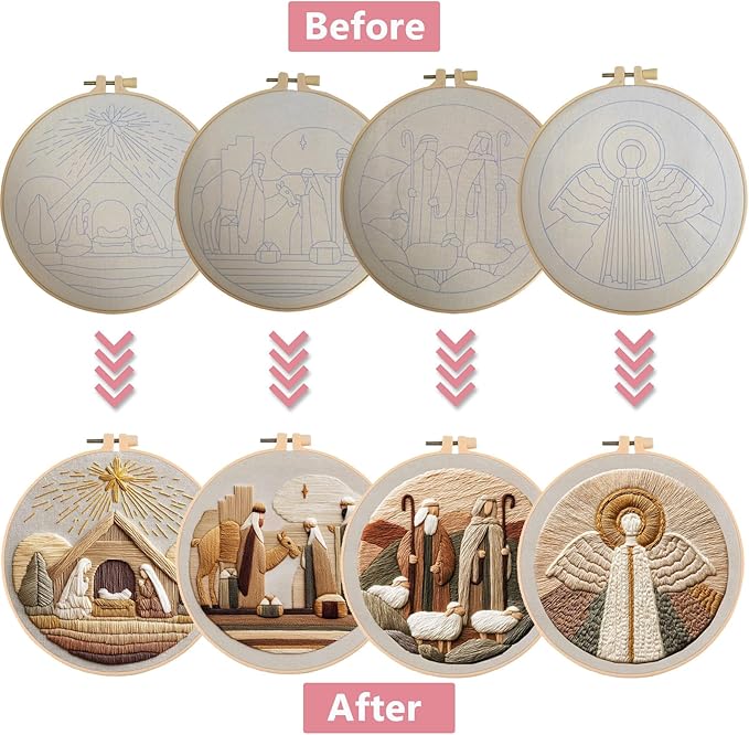Nativity Embroidery Kit for Adults, Pre-Stamped Pattern Embroidery Kit for Beginners, DIY Hand Needlepoint Starter Kit with Hoop Thread Needle Instruction, 7.87'' Hoop (Christian 4 Packs)