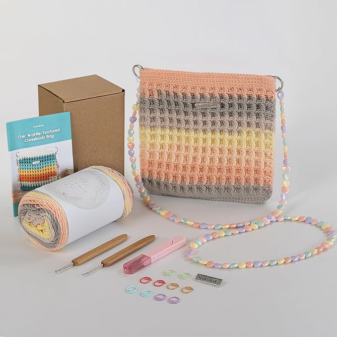 CrochEaze Crochet Kit for Beginners, Crochet Tote Bag Set with Step-by-Step Video Tutorials, Including Gradient Color Yarn, Crochet Hook, Heart-Shaped Bag Strap (Pouch-Yellow)