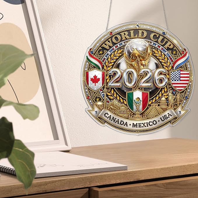 VODAPYC World Cup Diamond Art Hanging Kits for Adults, Acrylic DIY Double Sided Special Shaped Diamonds Art Windows Pendant Ornament(2026 World Cup)