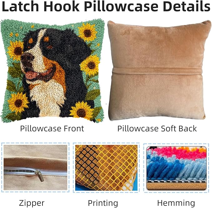 DIY Latch Hook Pillow Kits for Adults Bernese Mountain Dog and Sunflower Printed Pillowcase Crochet Yarns Hooking Handmade Pillow Cover Cushion for Home Sofa Decoration 17x17inch(2)