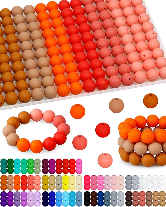 160pcs fiveizero 15mm silicone beads for keychain making - mixed color round rubber beads bulk, diy craft supplies for bracelets necklaces pens(orange)