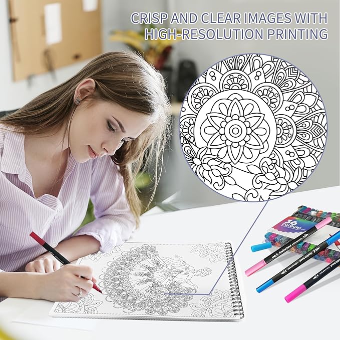 Kalysky Adult Coloring Book with Markers - Spiral Bound Coloring Book for Adults Relaxation with 36 Premium Markers | Stress Relief, Art Therapy, Mindfulness Gift
