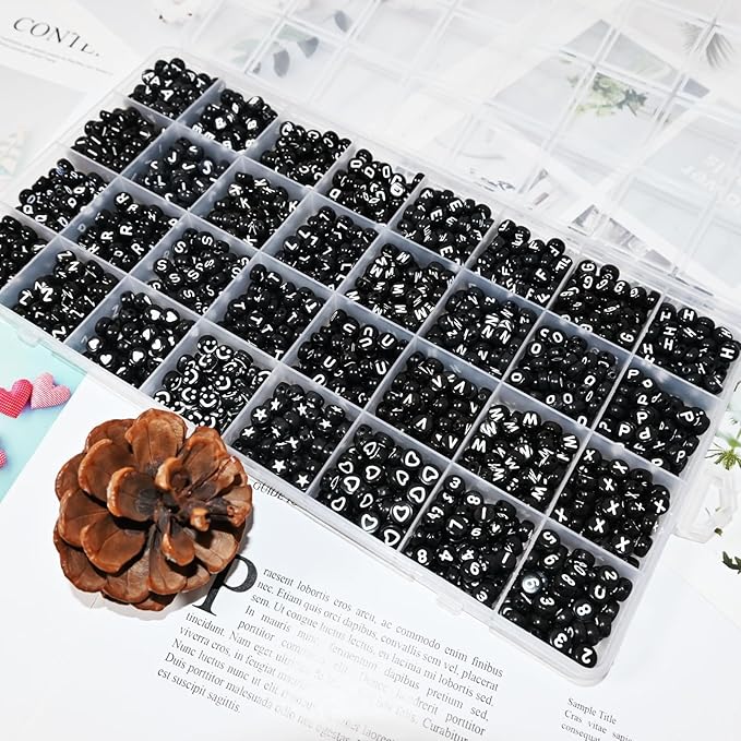 Amaney 1600pcs Black Letter Beads 4x7mm Round Acrylic Alphabet A-Z Number Star Smiley Beads and Heart Pattern for Jewelry Making