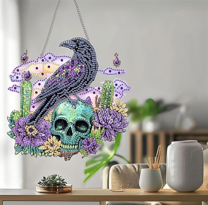 Bimkole Crow Diamond Art Hanging Kit for Adult, DIY 5D Skulls Diamond Art Painting Window Pendant, Acrylic Crystal Art Hanging Ornament for Wall Home Garden Front Door Decor - 7.8x7.8 Inch