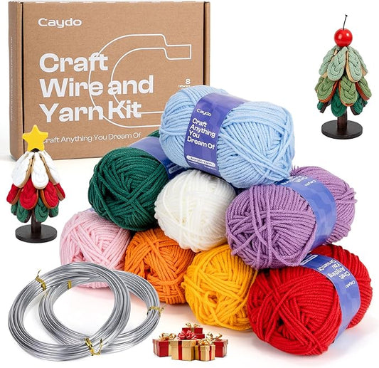 Caydo Aluminum Craft Wire and Acrylic Yarn Skeins Kit, i-Cord Knitting Kits for Beginner for DIY Handicraft Making, 8x25g Yarn & 2 Roll 5M x 3 mm Wire