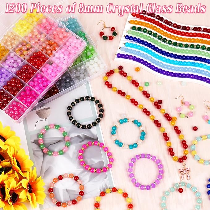 1711pcs 8mm Glass Beads for Jewelry Making - 48 Colors Crystal Glass Beads for Bracelets, Round Beads Friendship Bracelet Making Kit DIY Crafts for Adults