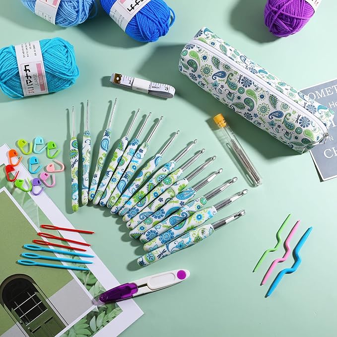 Looen Crochet Hooks Set, 14 Sizes 2.25mm(B)-10mm(N) Ergonomic Handle for Arthritic Hands, Soft Rubber Grip Knitting Needles Kit for Crochet Beginners, Knitting Enthusiasts(Green)
