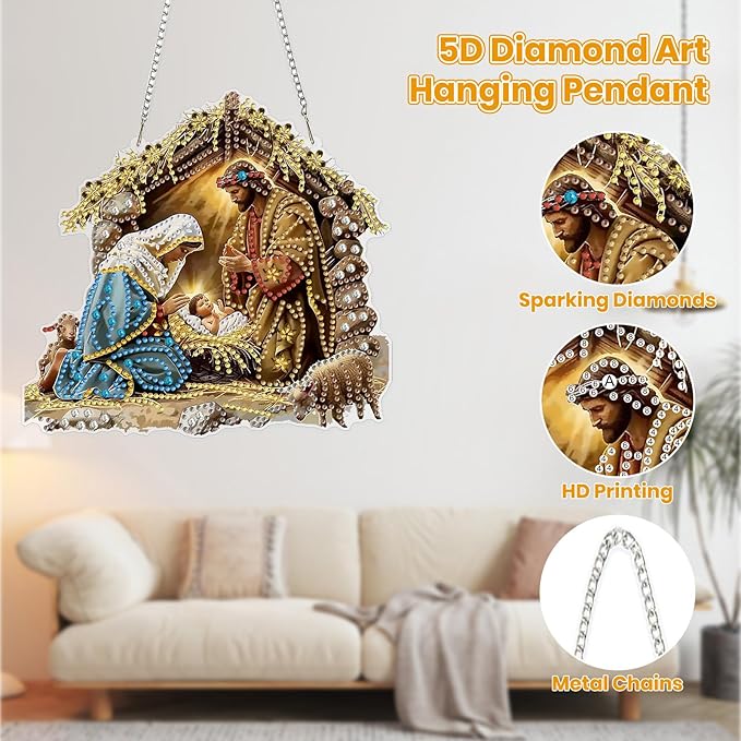 MOGTAA Christmas Diamond Art Hanging Kits for Adults Kids, Jesus Diamond Art Suncatchers, 5D Special Shape Diamond Painting Window Pendant Kit for Home Garden Wall Decor