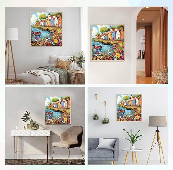 QENSPE Diamond Painting Landscape Art Kits for Adults, DIY Full Drill Diamond Art Kit for Beginners, 5D Colorful Houses Round Diamond Dots Paintings Gem Art Crafts Home Wall Decor Gifts 30x30cm