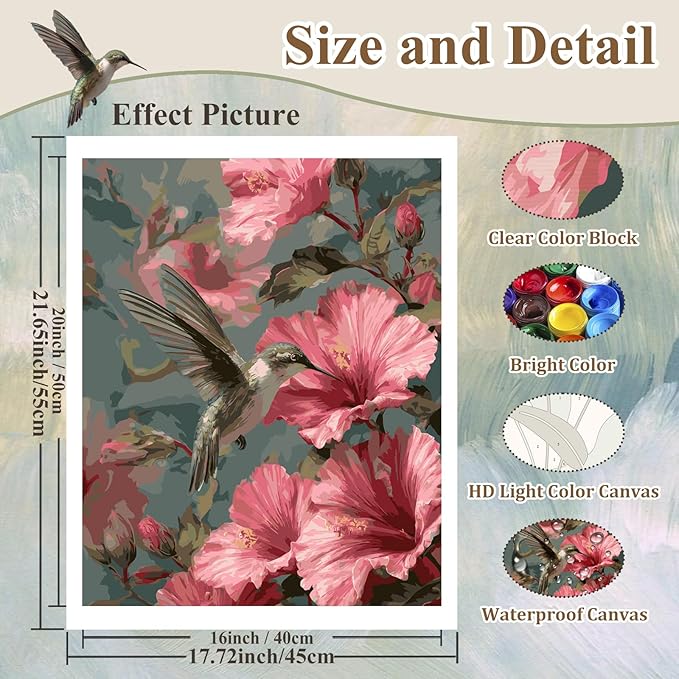 HMZephitiquc Hummingbird Paint by Number Kits for Adults, Hummingbird Paint by Numbers kit for Adults, Painting by Numbers, Oil DIY Crafts Home Wall Decor 16x20 in