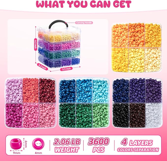 Simetufy 3600Pcs Pony Beads, 24 Colors Kandi Beads Bulk for Bracelets Making Hair Braiding Kandi Friendship Bracelet DIY Craft Jewelry Making Christmas Gifts（2.06LB, Stack Box）
