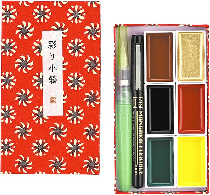 Kuretake IRODORI KOBAKO Red, Watercolor paint set with Waterbrush and MANGAKA Black pen 0.1mm, Professional-quality for artists, Made in Japan